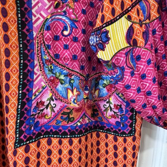 BHANUNI Anthropologie Viscose Emilia Peasant Vibrant Pink Oversize Beaded Top XS - Picture 7 of 14